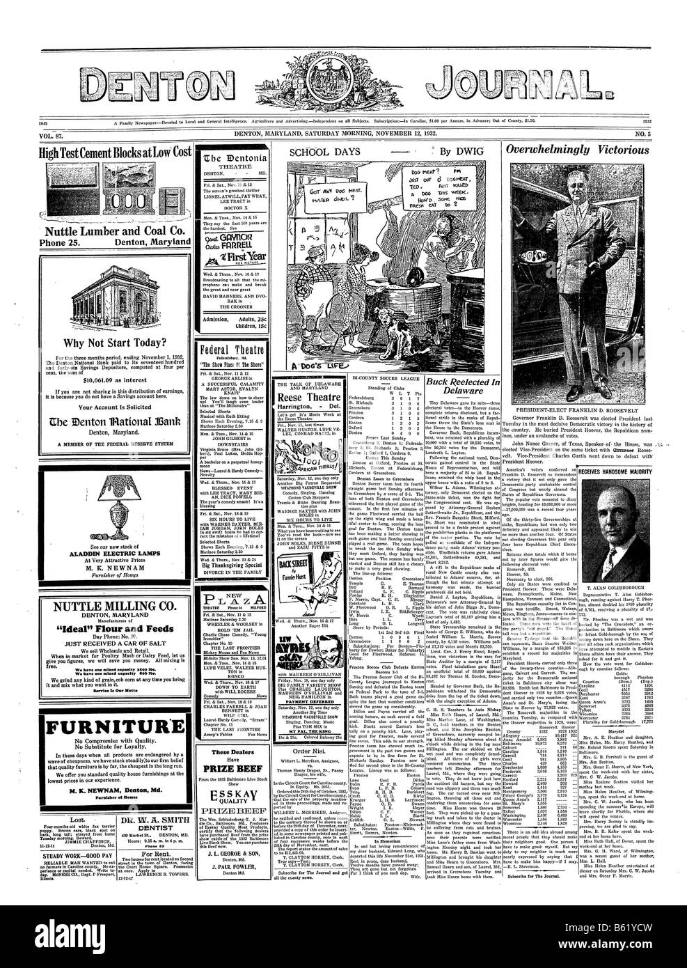 Front page of a 1932 US newspaper about the victory of Roosevelt to