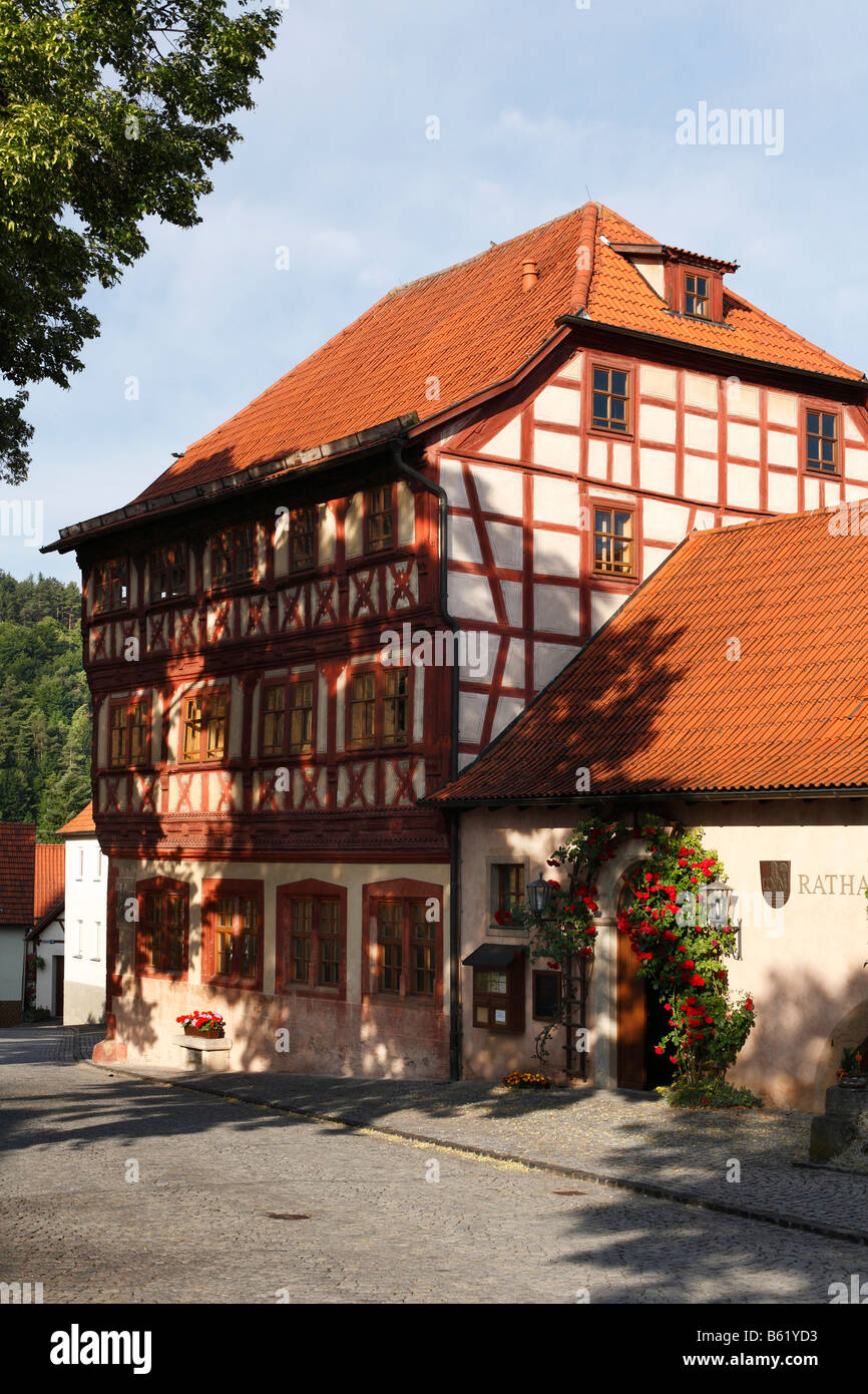 Half timbered house, City Hall, Old Guild Hall in Stockheim, Rhoen-Grabfeld, Lower Franconia, Bavaria, Germany, Europe Stock Photo