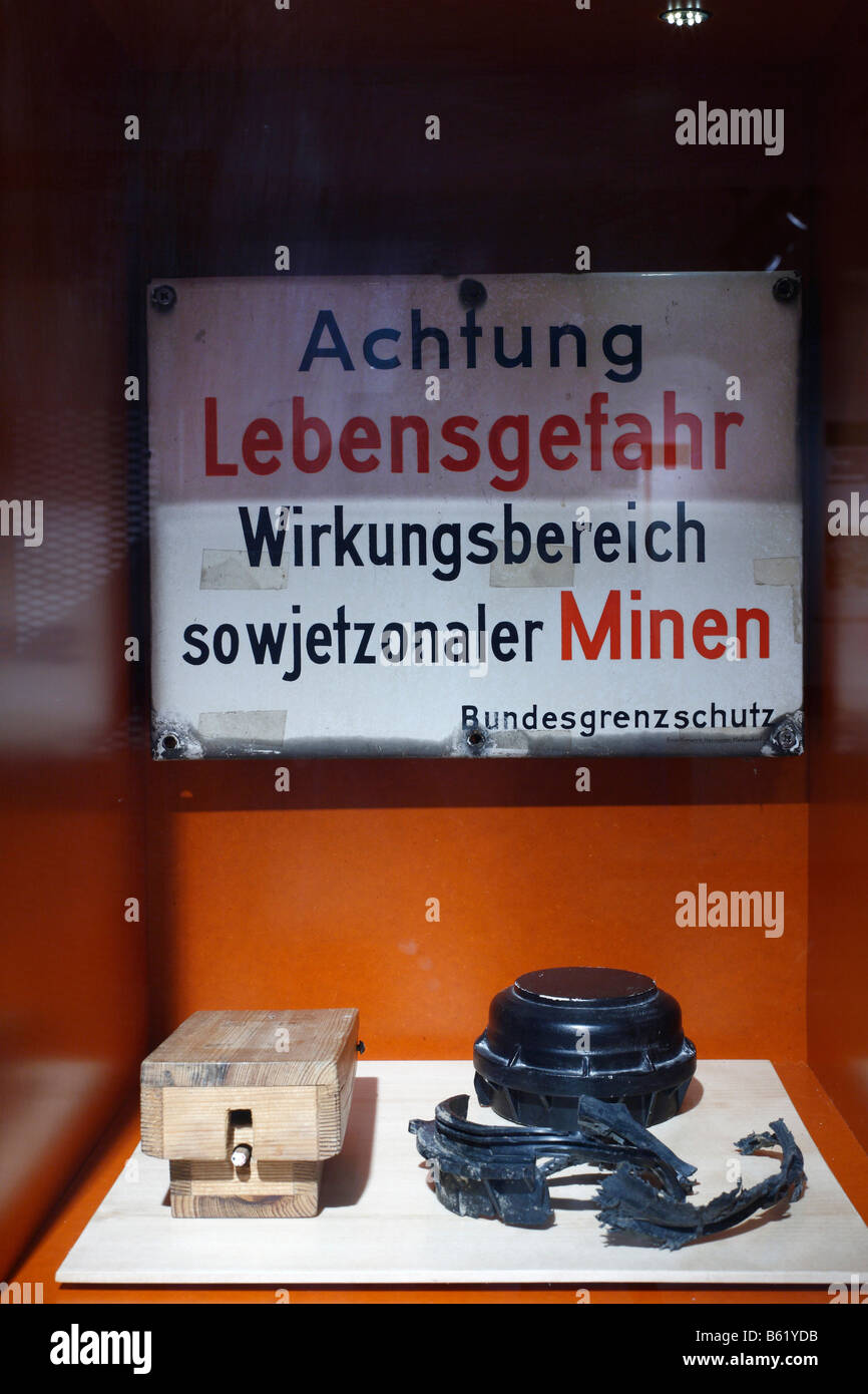Landmines and sign, Attention Lebensgefahr, Warning - Risk of Death, in the Museum fuer Grenzgaenger, Border Crossers, in Bad K Stock Photo