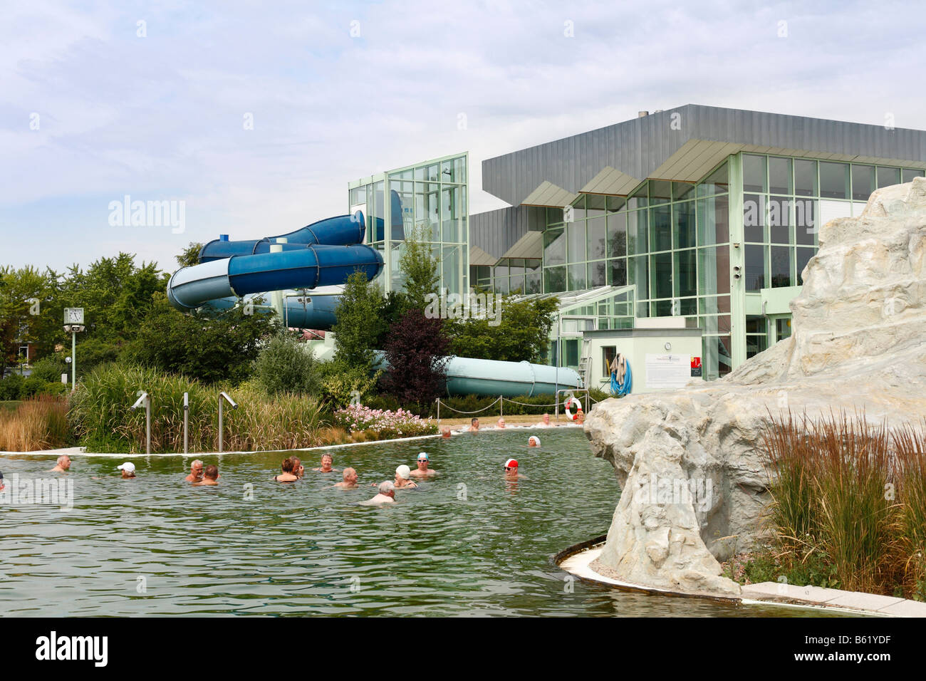 Outdoor swimming pool, FrankenTherme thermal baths, Bad Koenigshofen, Rhoen-Grabfeld, Lower Franconia, Bavaria, Germany, Europe Stock Photo