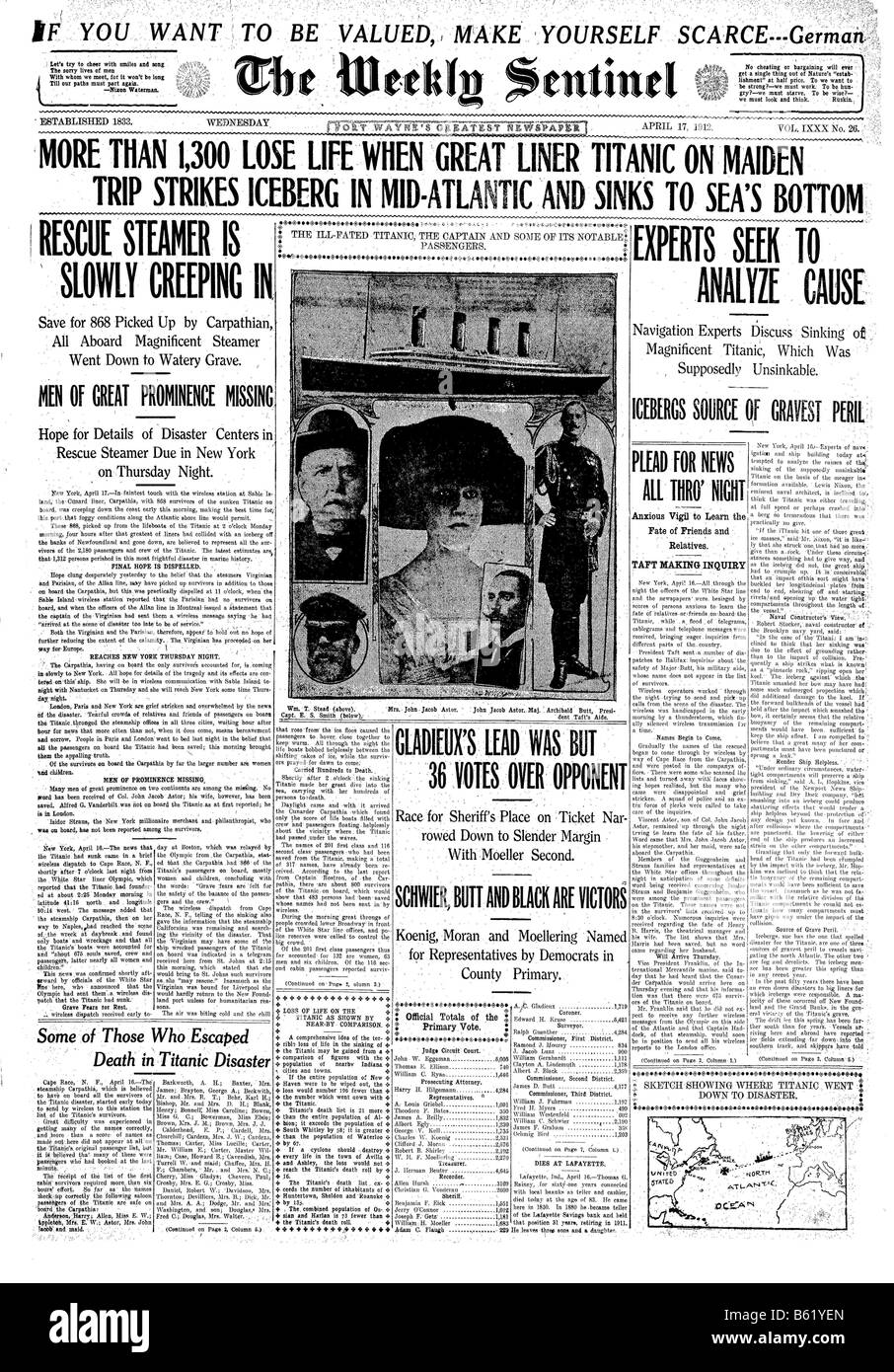 Front page of a 1912 US newspaper about the sinking of the Titanic Stock Photo
