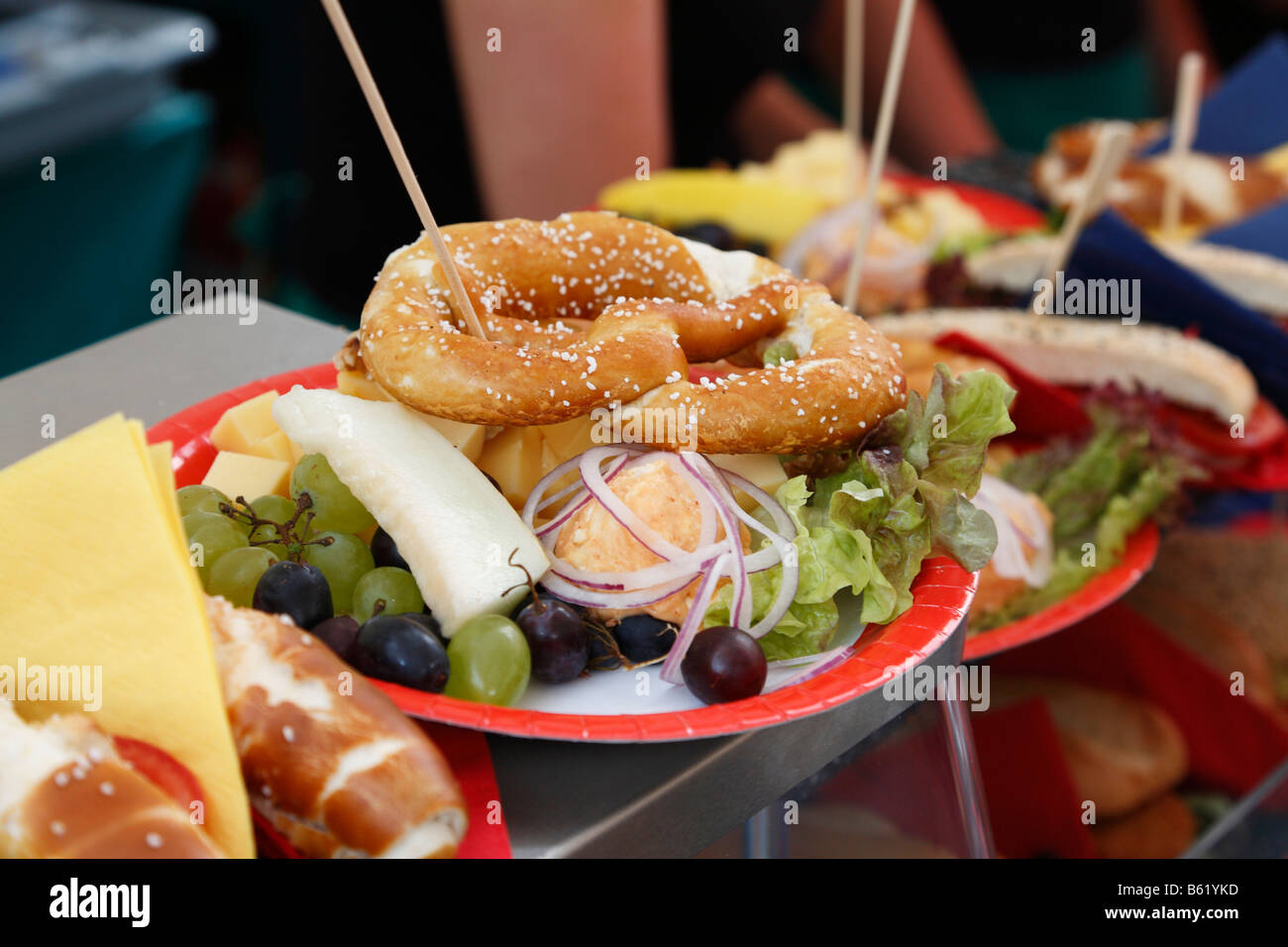 Snack plate with pretzel, Rhoen, Lower Franconia, Bavaria, Germany, Europe Stock Photo