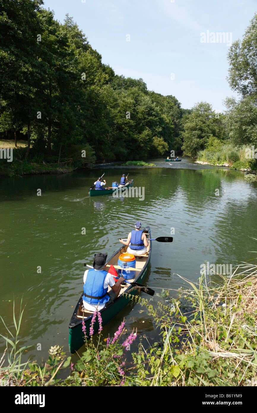 Canoeists on Franconian Saale River near Bad Bocklet, Rhoen, Lower Franconia, Bavaria, Germany, Europe Stock Photo