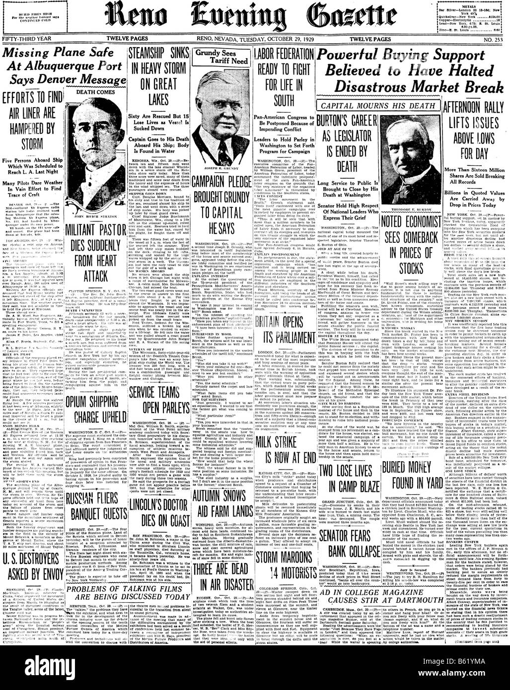 Front page of a 1929 Newspaper telling of the Wall Street Crash Stock Photo