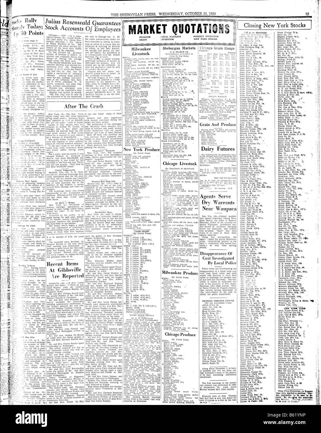 Page of a 1929 Newspaper telling of the Wall Street Crash and the Stock Markets Stock Photo