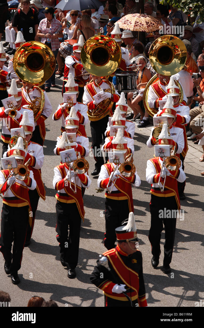 Historical parade, 1. German marching band the Sound of Frankfurt, Rakoczi Festival, Bad Kissingen, Rhoen, Lower Franconia, Bav Stock Photo