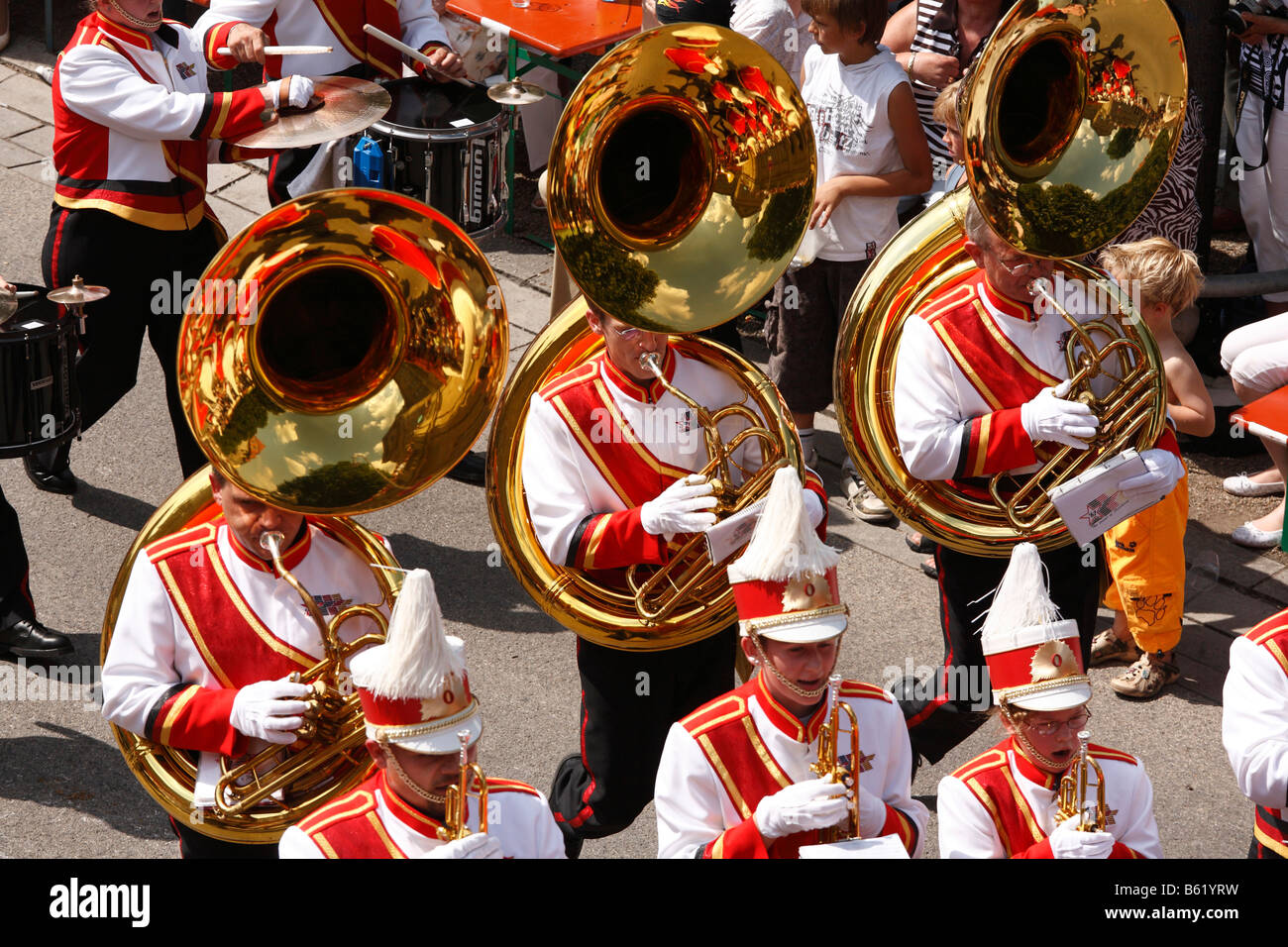 Historical parade, men playing the sousaphone, 1. German marching band the Sound of Frankfurt, Rakoczi Festival, Bad Kissingen, Stock Photo