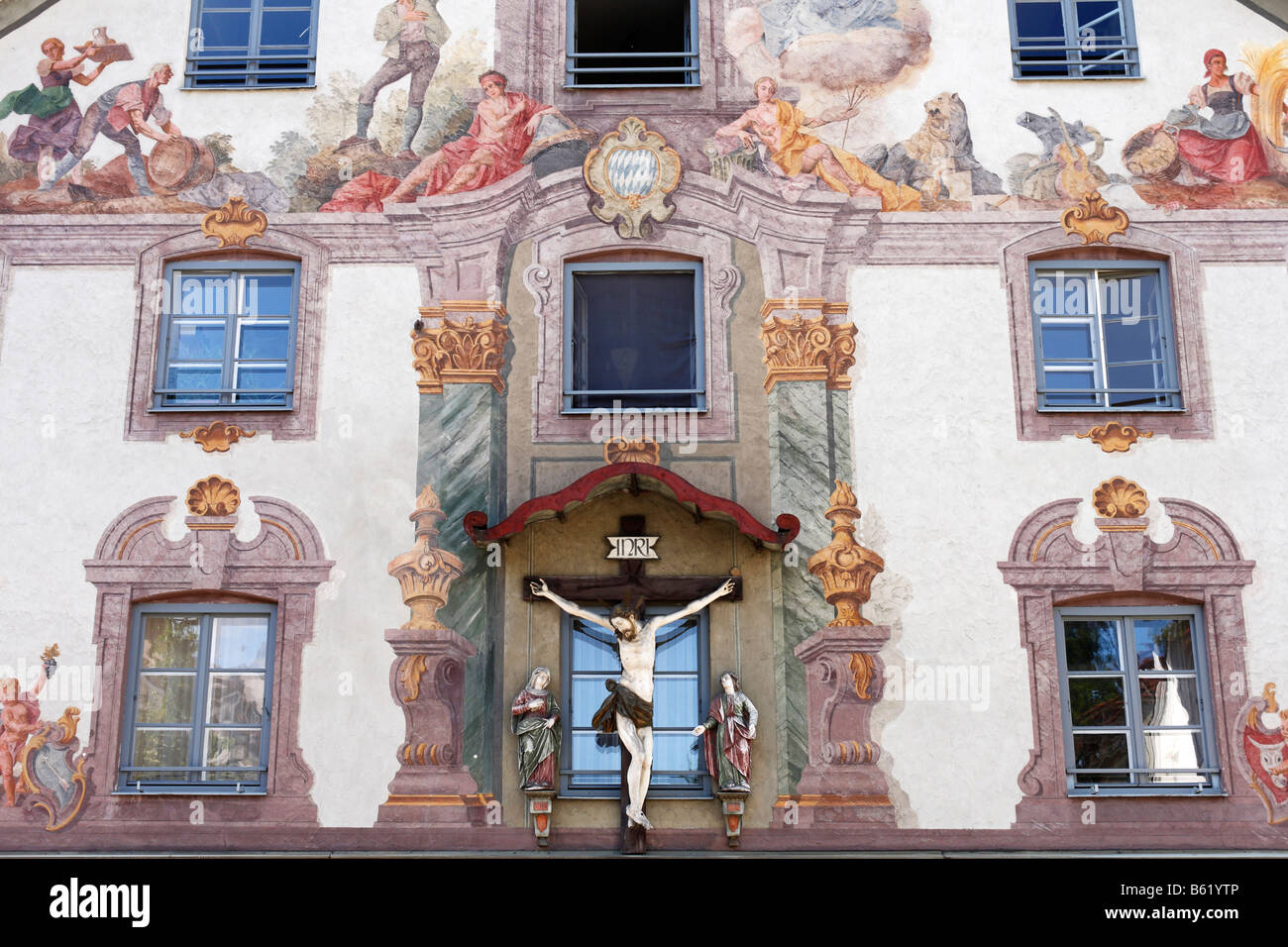 Gattinger House, mural art by Heinrich Bickel 1951, Weilheim, Pfaffenwinkel, Upper Bavaria, Germany, Europe Stock Photo