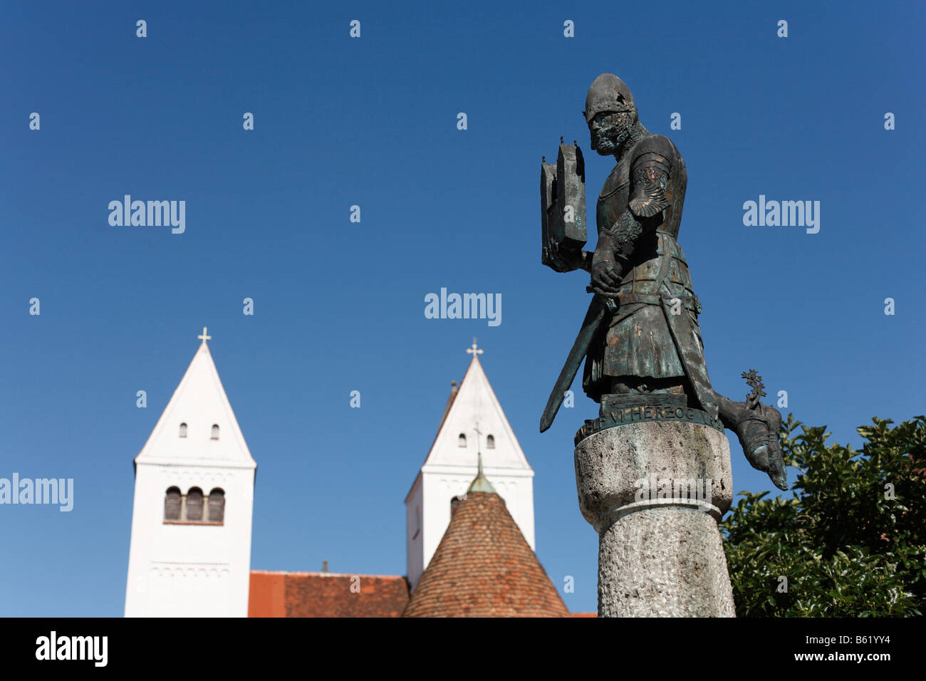 Memorial to Herzog Welf VI., the founder of the abbey, in front of the abbey church in Steingaden, Pfaffenwinkel, Upper Bavaria Stock Photo
