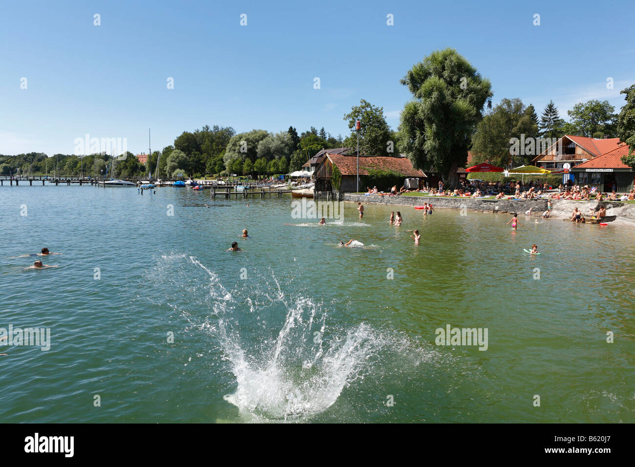 Beach in Utting on Lake Ammersee, Fuenfseenland, Upper Bavaria, Germany, Europe Stock Photo