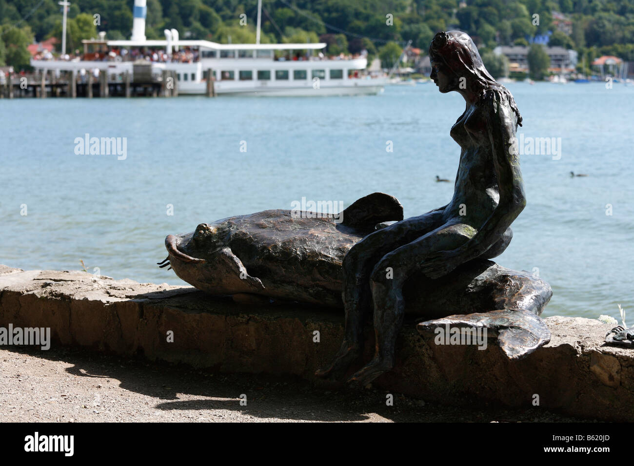 Bronze sculpture 'Die kleine Seejungfrau auf ihrem Waller', 'The little mermaid on her catfish' by Hilde Grotewahl 2005, Herrsc Stock Photo