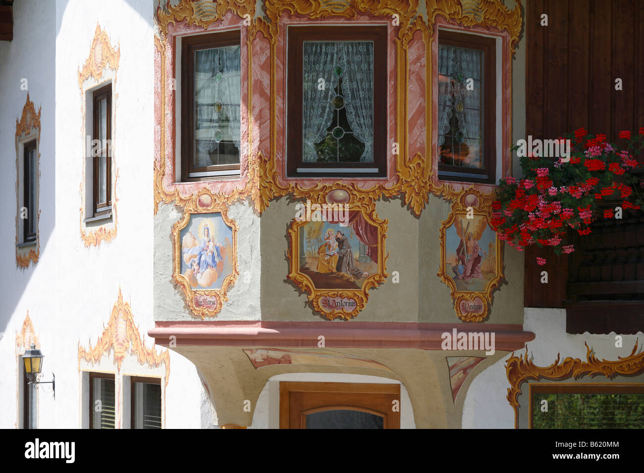 Wall-painting on a bay-window in Oberammergau, Upper Bavaria, Germany, Europe Stock Photo