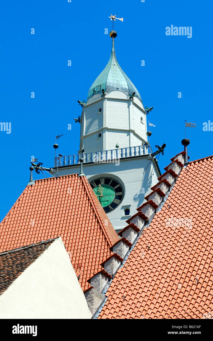 Pitched roof and Cathedral tower, Ueberlingen am Bodensee, Baden-Wuerttemberg, Germany, Europe Stock Photo