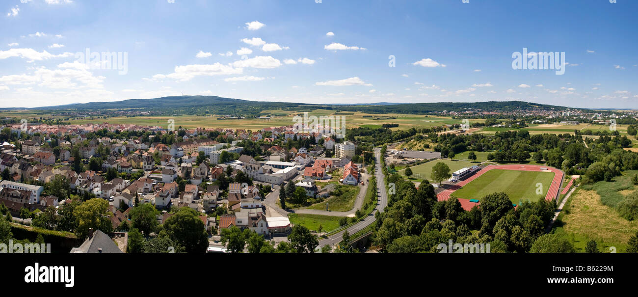 View of Wetterau with Friedberg, Mt Taunus and Mt Feldberg at back, Hesse, Germany Stock Photo