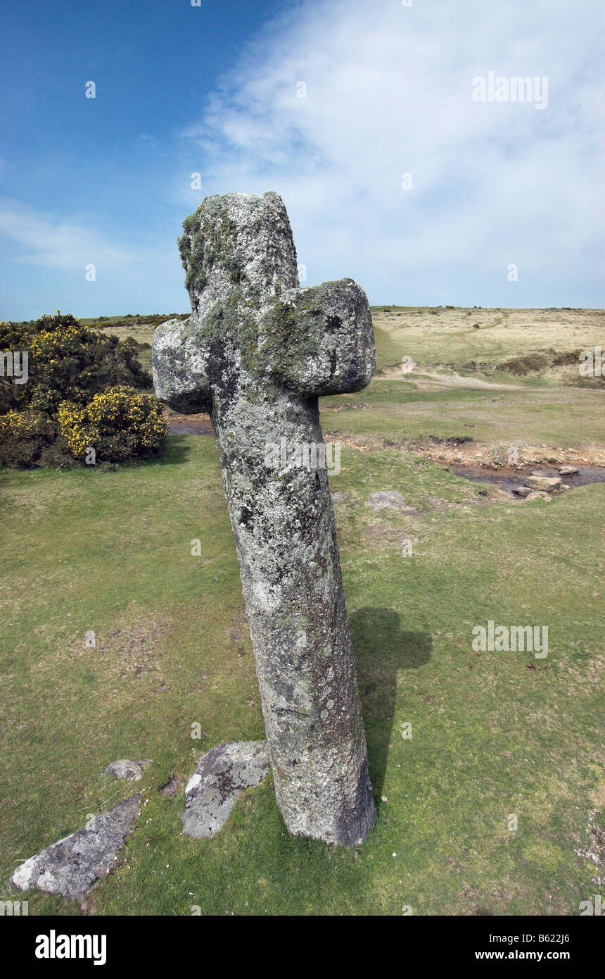 An ancient stone cross on Dartmoor Stock Photo
