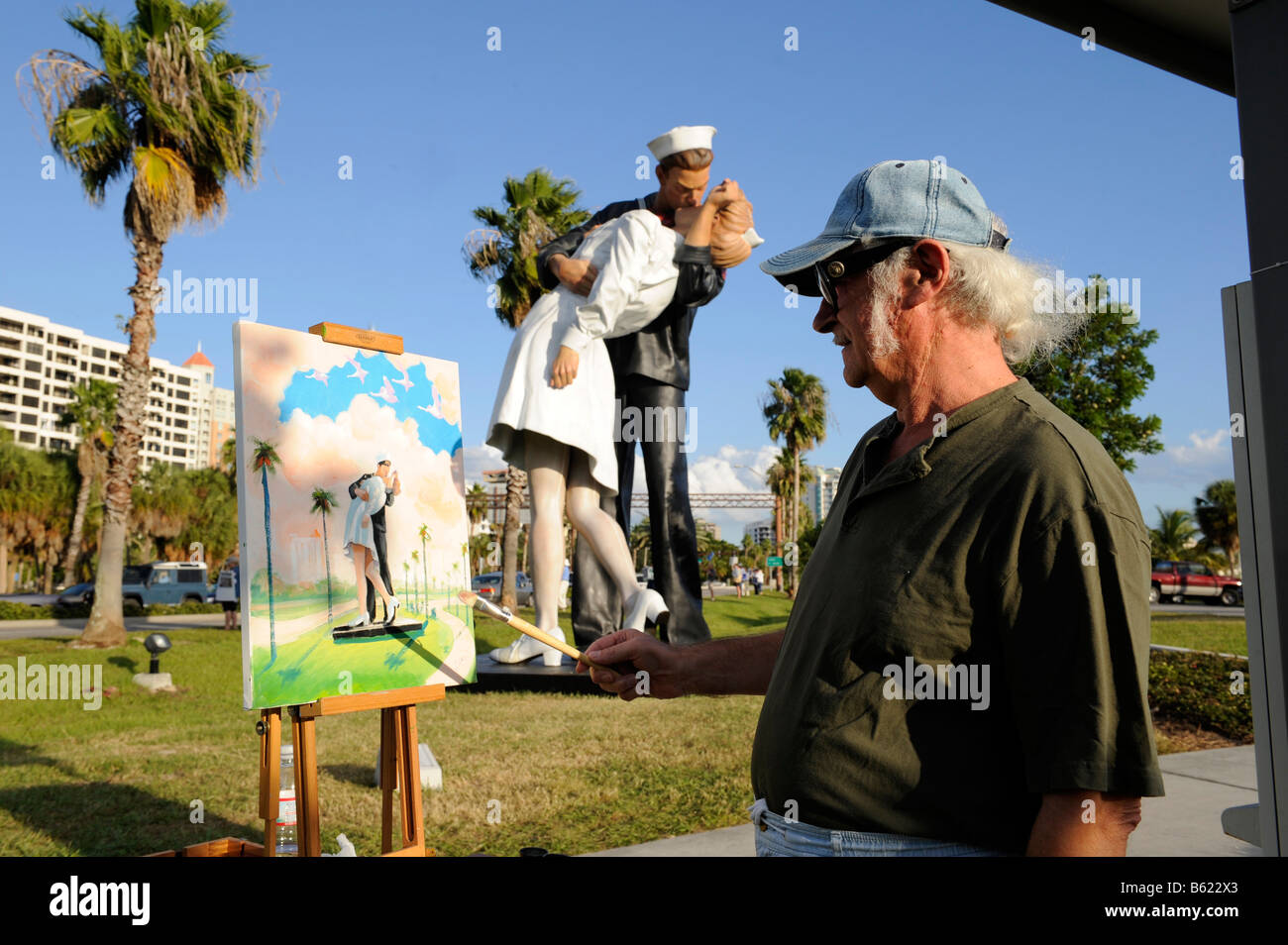 Artist Painting Statue called Unconditional Surrender Sarasota Bayfront