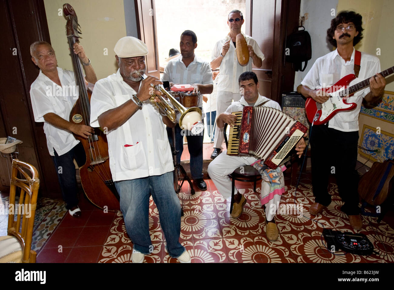 Cuban jazz musicians playing in a restaurant, Plaza Mayor, Trinidad