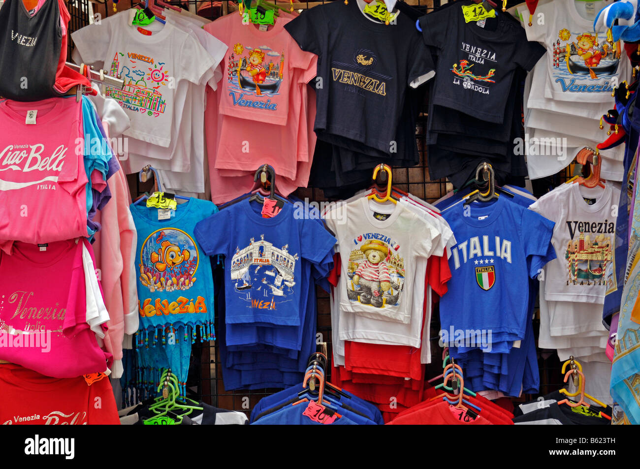 T-shirts at a sales booth, street sale, Venice, Italy, Europe Stock Photo