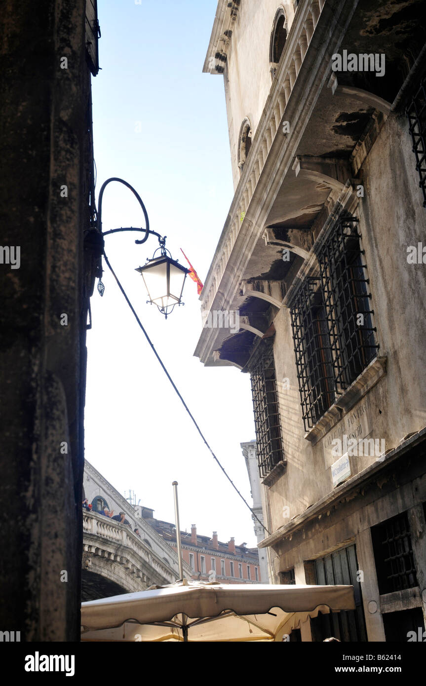 Street lantern in front of the Rialto Bridge, Venice, Italy, Europe Stock Photo
