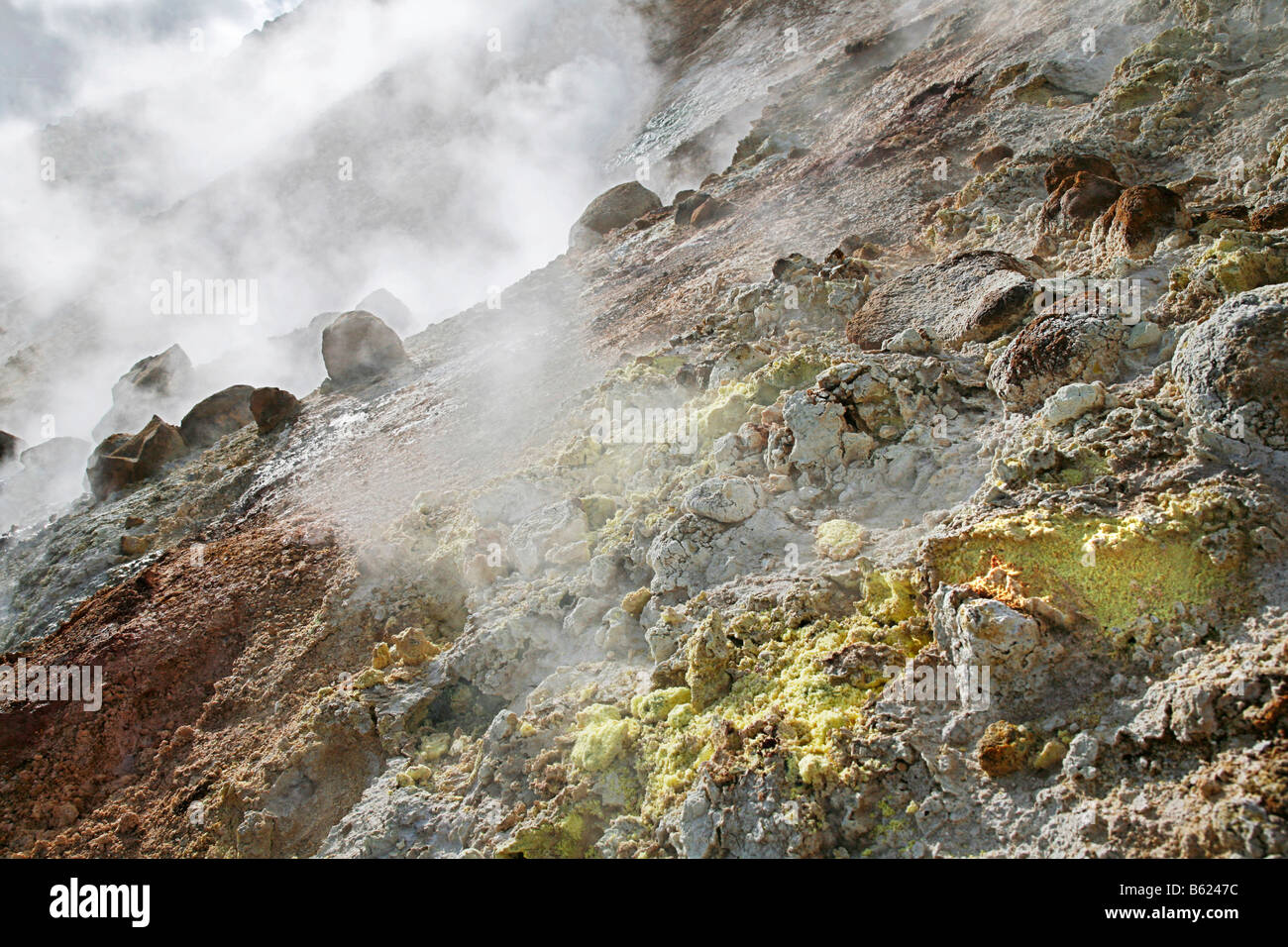 Steaming sulfur-covered holes and fractures, geothermal region of Seltun on southern Iceland, Iceland, Europe Stock Photo