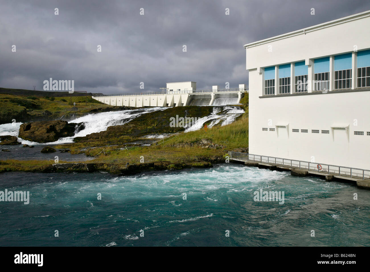 Ljosifoss hydro power station, Ljósafossstoeðat, at the outlet of Lake Þhingvellir, Thingvellir, Iceland, Europe Stock Photo