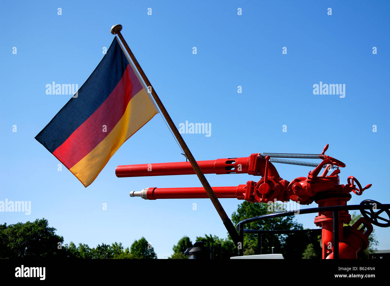 Fire ship monitor with the German flag, Luebeck, Schleswig-Holstein, Germany, Europe Stock Photo