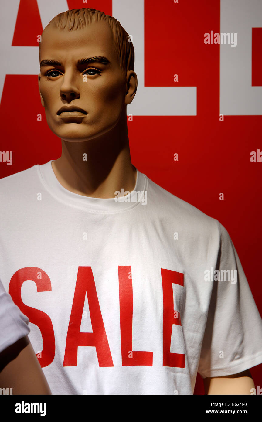 Male mannequin dressed in a SALE T-shirt, Nuremberg, Middle Franconia, Bavaria, Germany, Europe Stock Photo