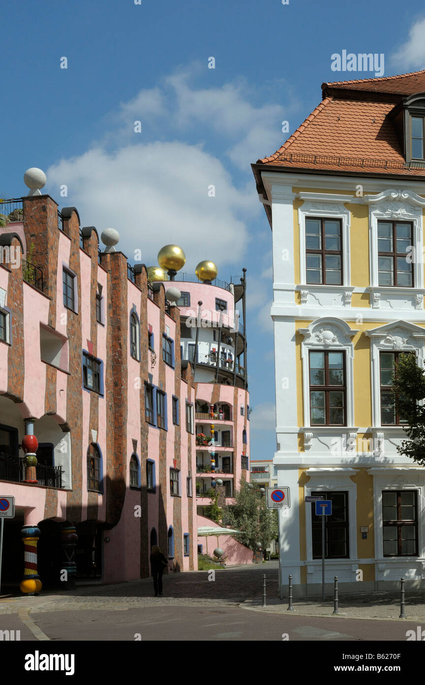 The artist Hundertwasser house, historic houses, Domplatz Square, Magdeburg, Saxony-Anhalt, Germany, Europe Stock Photo