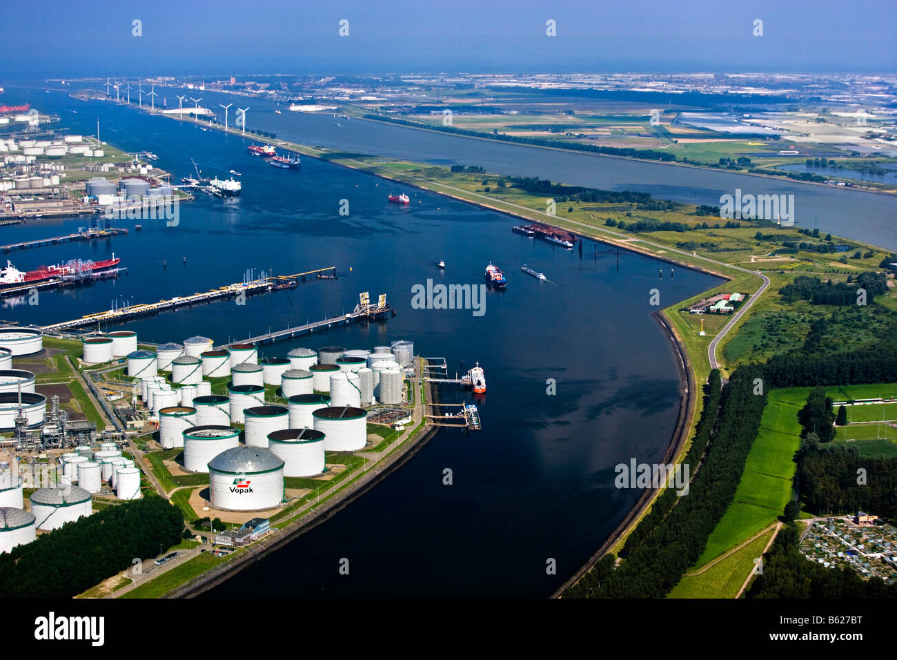 Holland Zuid Holland Rotterdam Harbour Oil storage Aerial Stock Photo