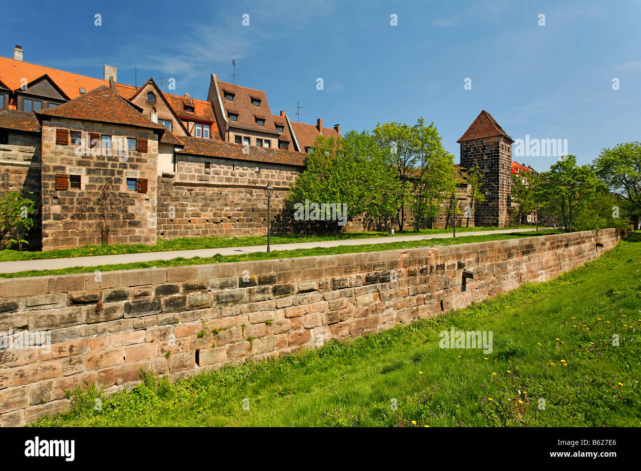 City wall, fortified tower, historic city centre, Nuremberg, Middle Franconia, Bavaria, Germany, Europe Stock Photo