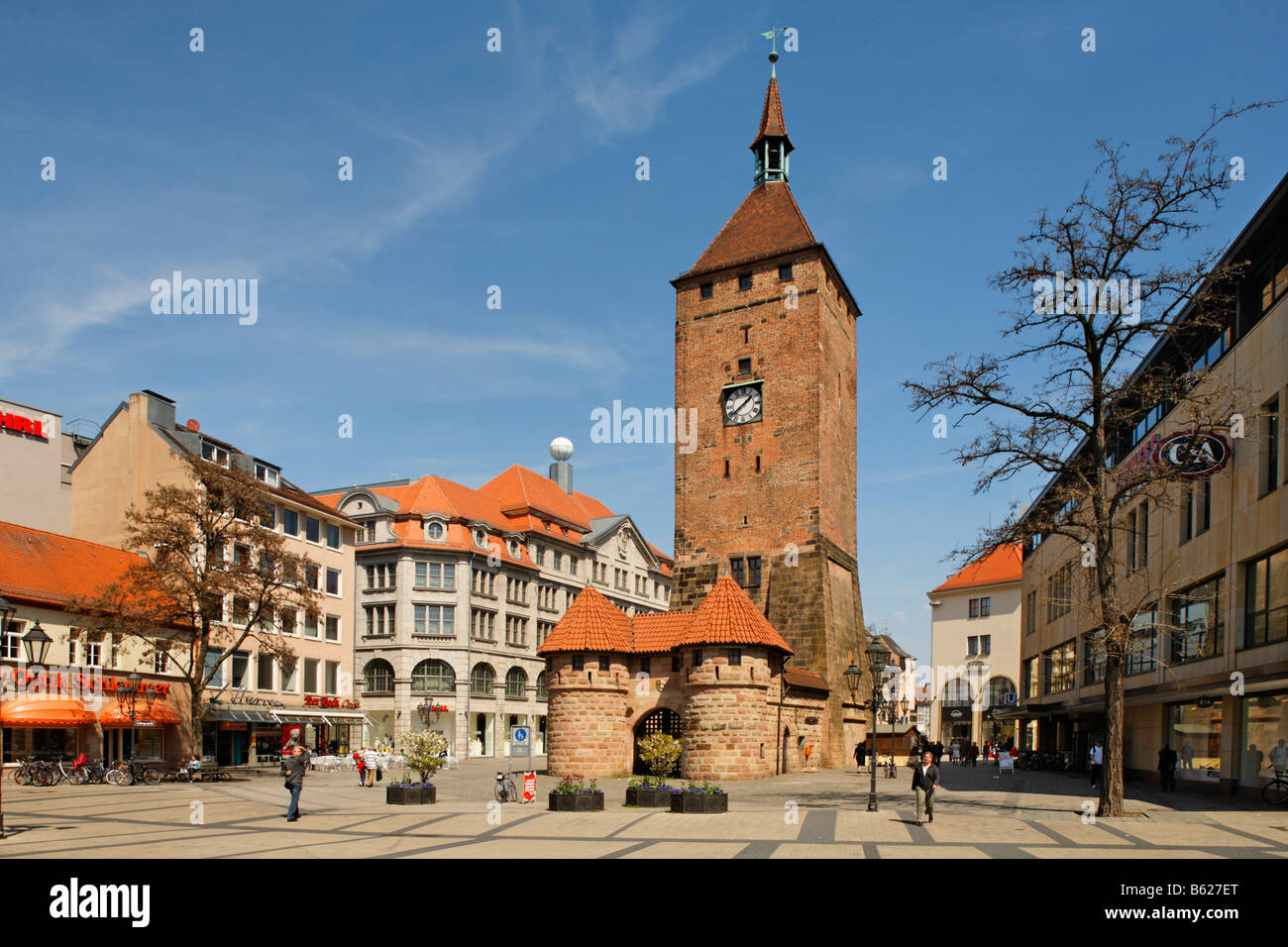 Weisser Turm, white tower, street light, pedestrian area, historic city centre, Nuremberg, Middle Franconia, Bavaria, Germany,  Stock Photo