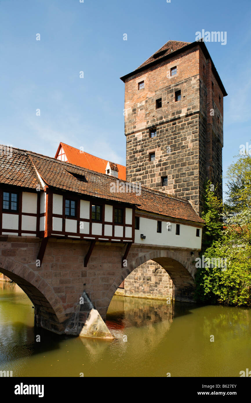 Water tower, hangman´s flat above the Pegnitz River, historic city centre, Nuremberg, Middle Franconia, Bavaria, Germany, Europe Stock Photo