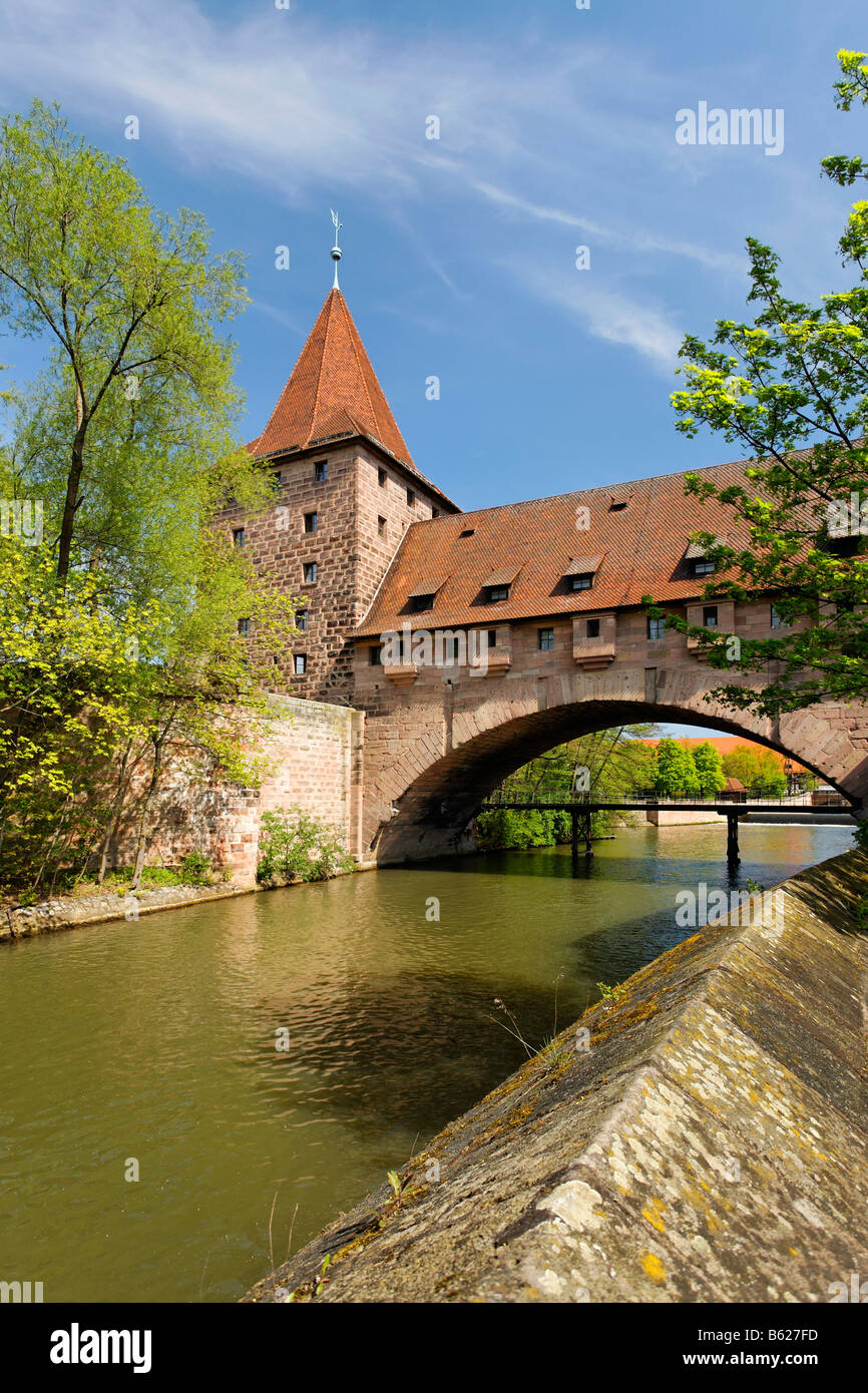 Kettensteg Bridge, Pegnitz River, historic city centre, Nuremberg, Middle Franconia, Bavaria, Germany, Europe Stock Photo