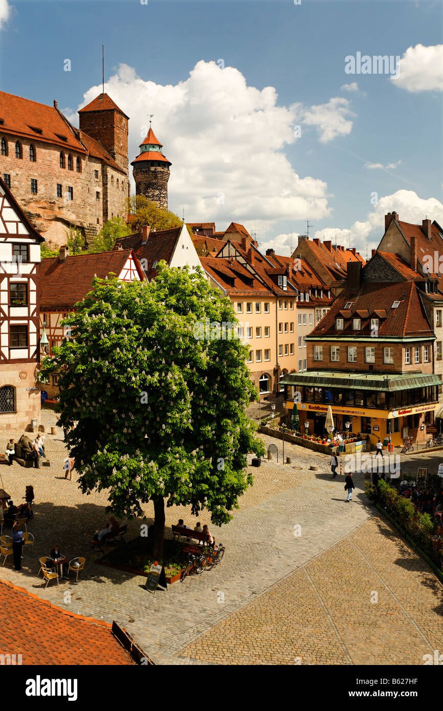 At the Tiergaertnertor Tower, square, chestnut tree, historic city centre, Nuremberg, Franconia, Bavaria, Germany, Europe Stock Photo