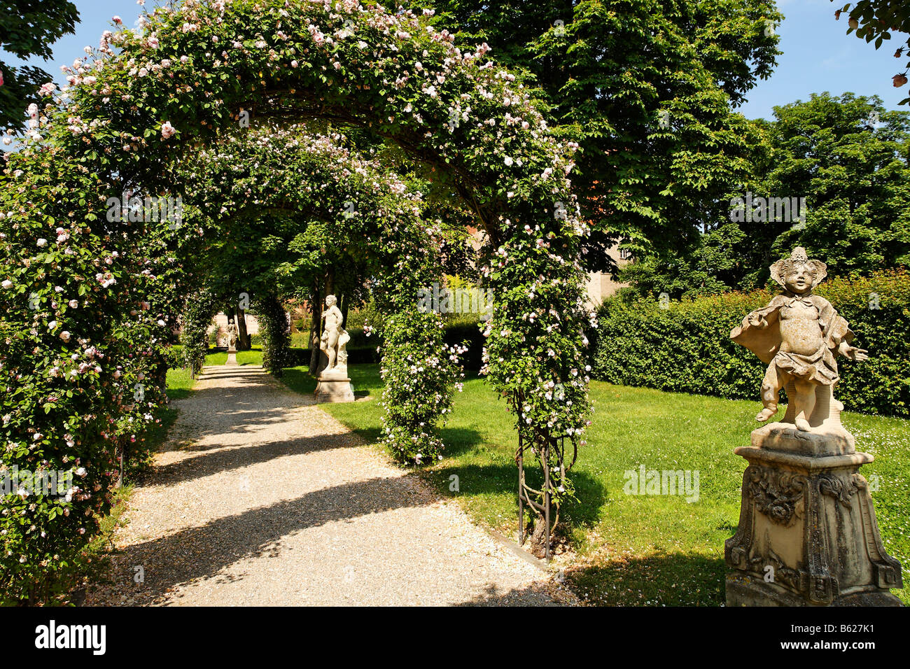 Planted arches and sculptures, Hesperieden Gardens, St. Johannis area, Nuremberg, Middle Franconia, Bavaria, Germany, Europe Stock Photo
