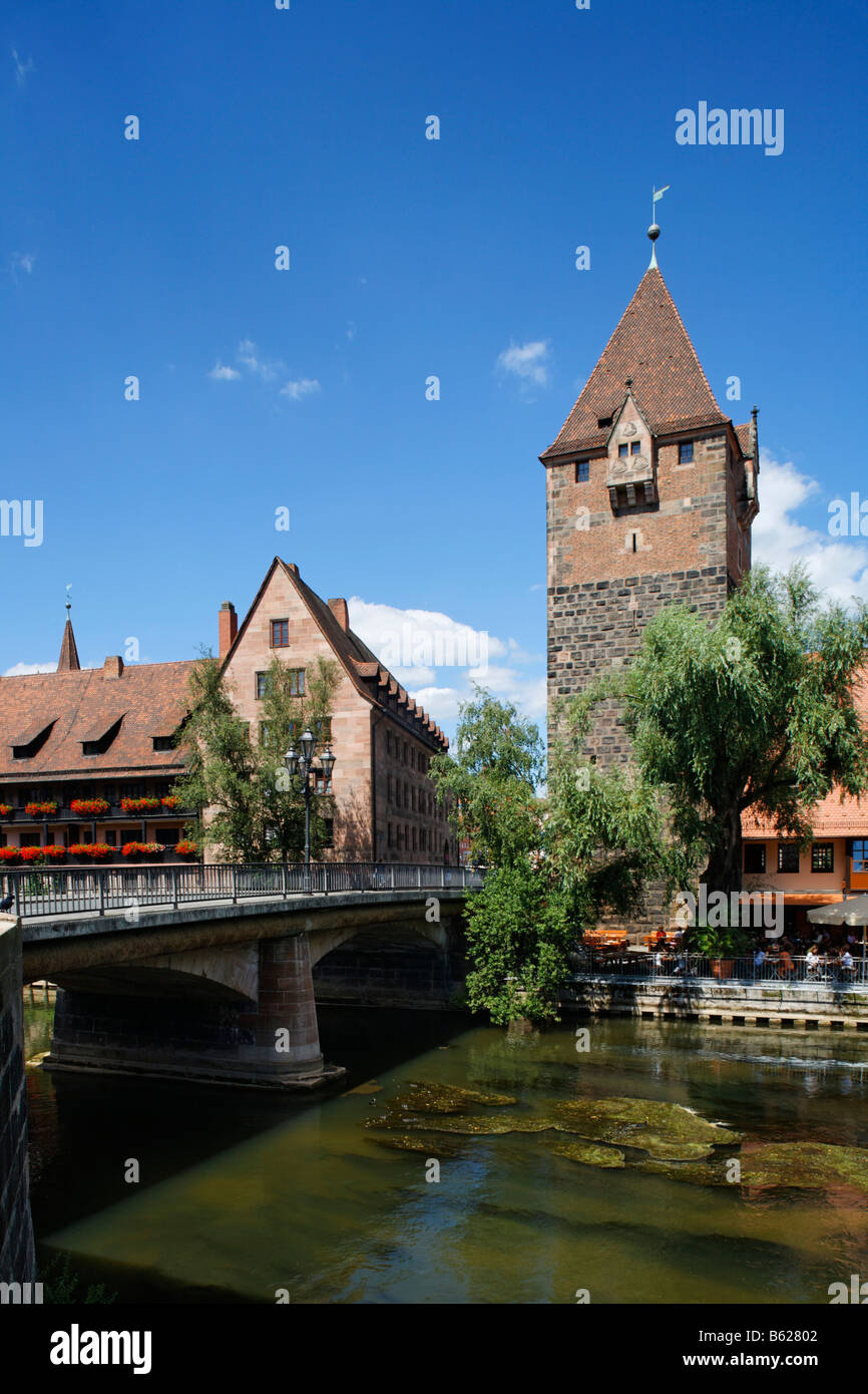 Pegnitz River, Heubruecke Bridge, Schuldturm Tower, historic city centre, Nuremberg, Middle Franconia, Bavaria, Germany, Europe Stock Photo