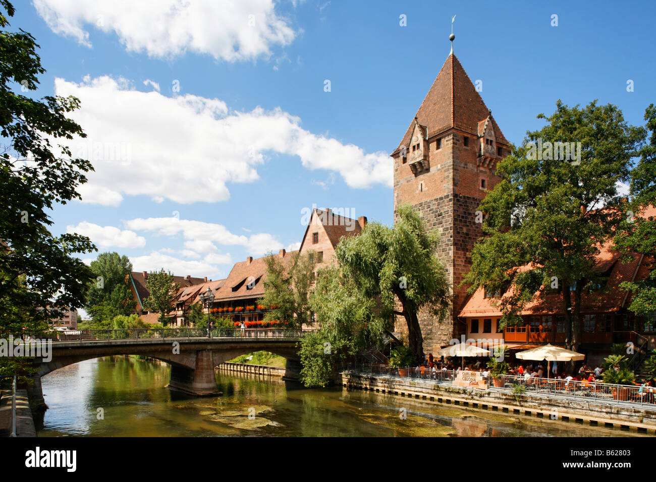 Pegnitz River, Heubruecke Bridge, Schuldturm Tower, historic city centre, Nuremberg, Middle Franconia, Bavaria, Germany, Europe Stock Photo