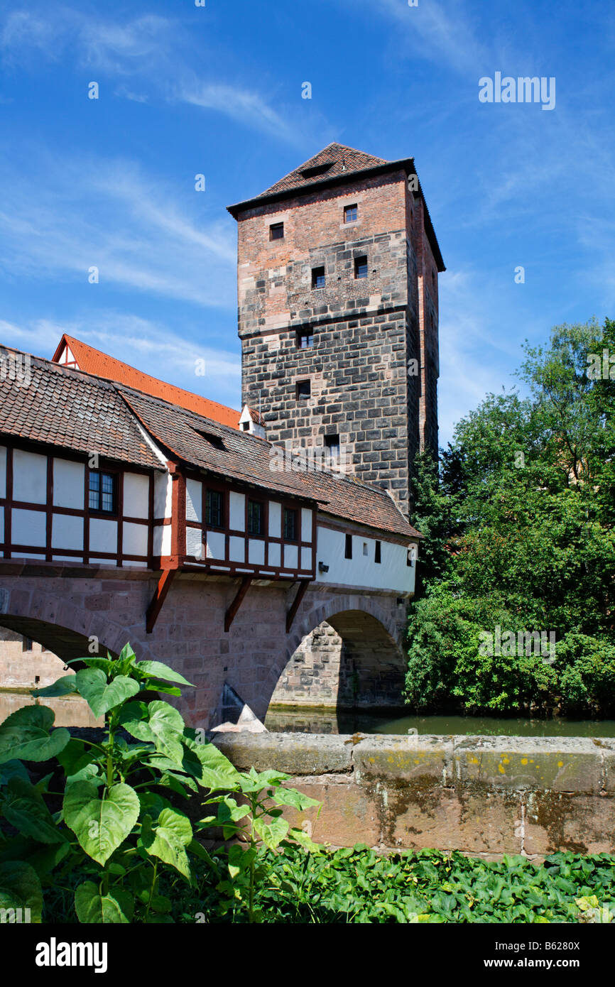 Wasserturm Tower, hangman's accommodation, Pegnitz River, historic city centre, Nuremberg, Middle Franconia, Bavaria, Germany,  Stock Photo