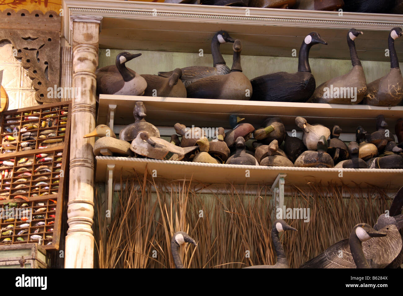 Wood Duck antiques displayed at the Bass Pro Shop retail store Stock