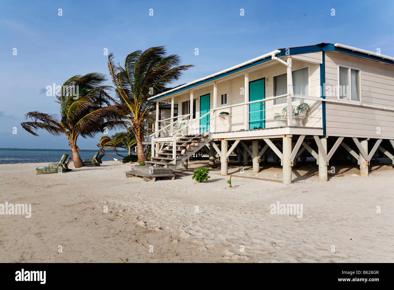 Bungalows, Turneffe Flats, Turneffe Atoll, Belize, Central America, Caribbean Stock Photo