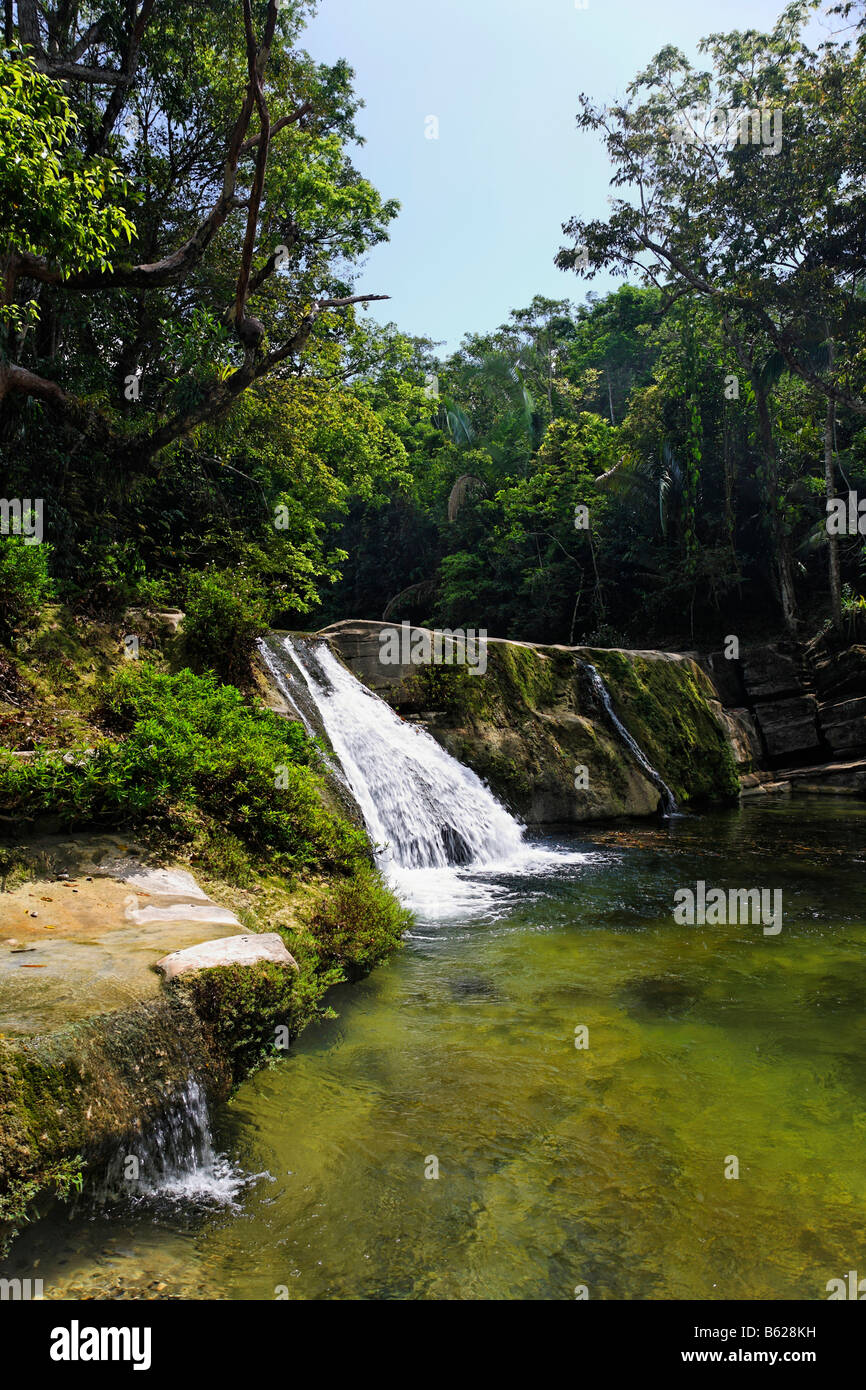 River landscape in the tropical forest with a waterfall and rocks, Punta Gorda, Belize, Central America, Caribbean Stock Photo