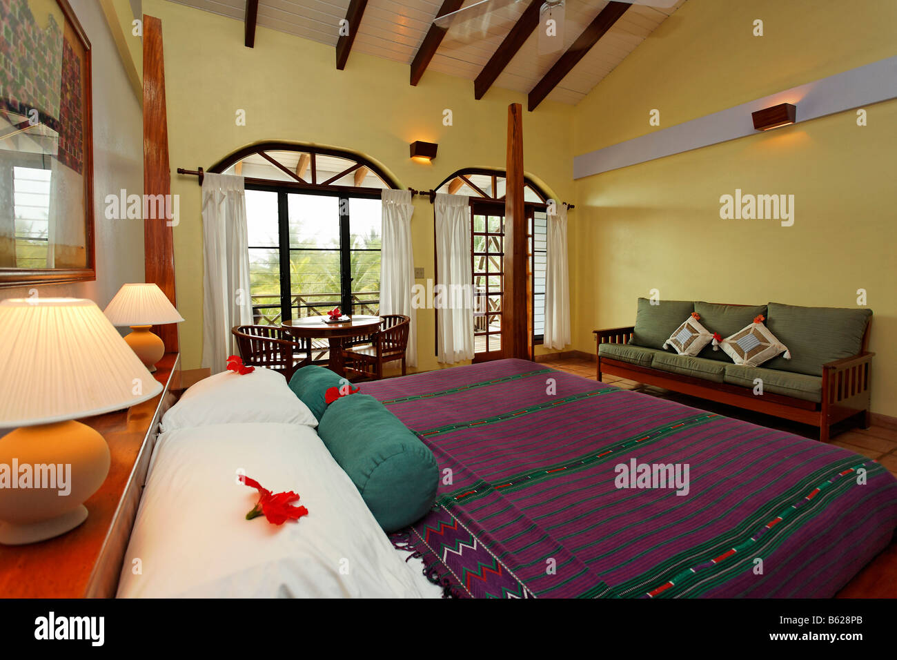 Hotel room, Hamanasi Hotel, Hopkins, Dangria, Belize, Central America, Caribbean Stock Photo