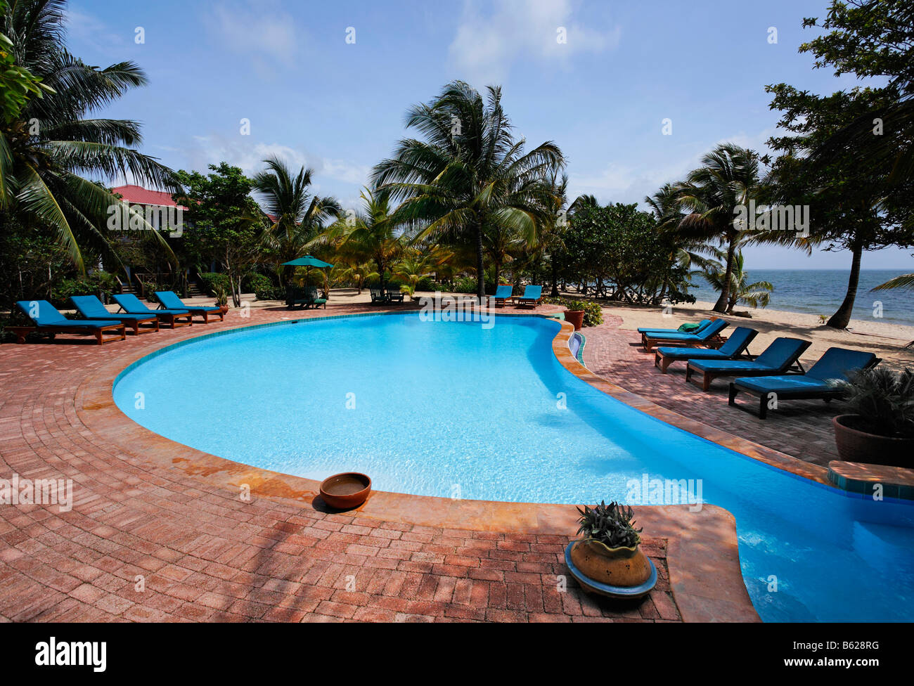 Deckchairs alongside a swimming pool, Hamanasi Hotel, Hopkins, Dangria, Belize, Central America, Caribbean Stock Photo