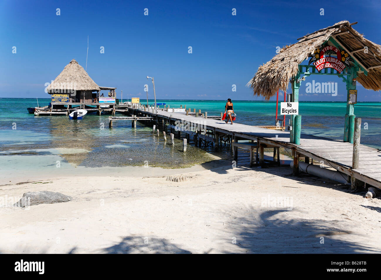 Restaurant at the end of a pier in the ocean of San Pedro, Ambergris Cay Island, Belize, Central America, Caribbean Stock Photo