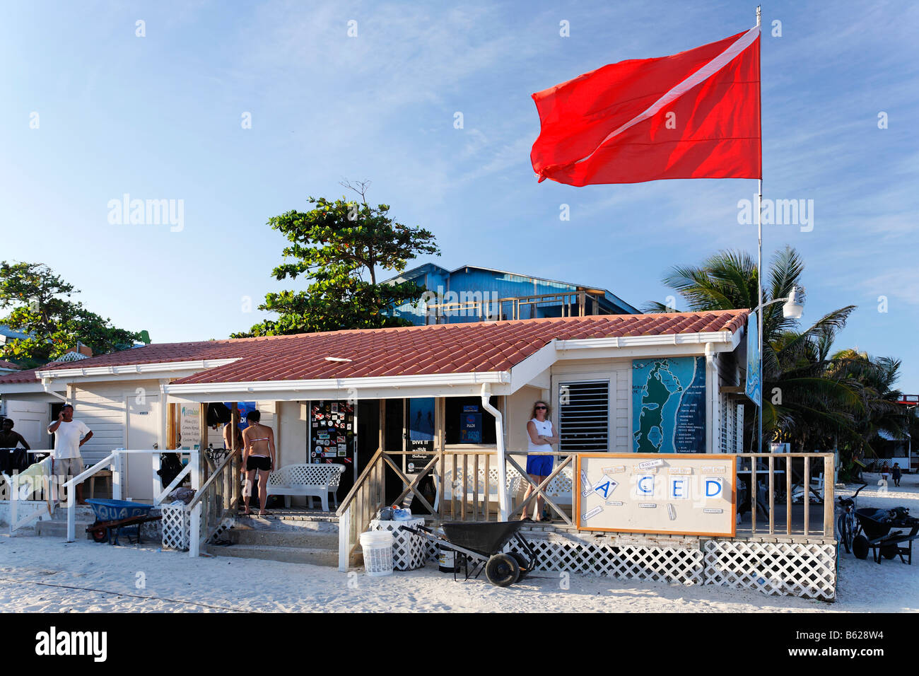 Diving flag flying over a scuba diving center in San Pedro, Ambergris Cay Island, Belize, Central America, Caribbean Stock Photo