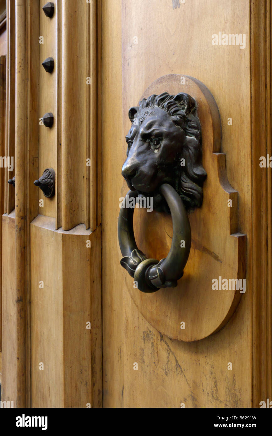 Wooden door with ironclad lion head, Geneva, Switzerland Stock Photo