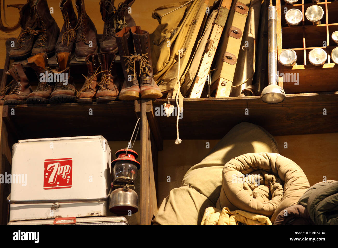 Old camping antiques displayed at the Bass Pro Shop retail store Stock Photo