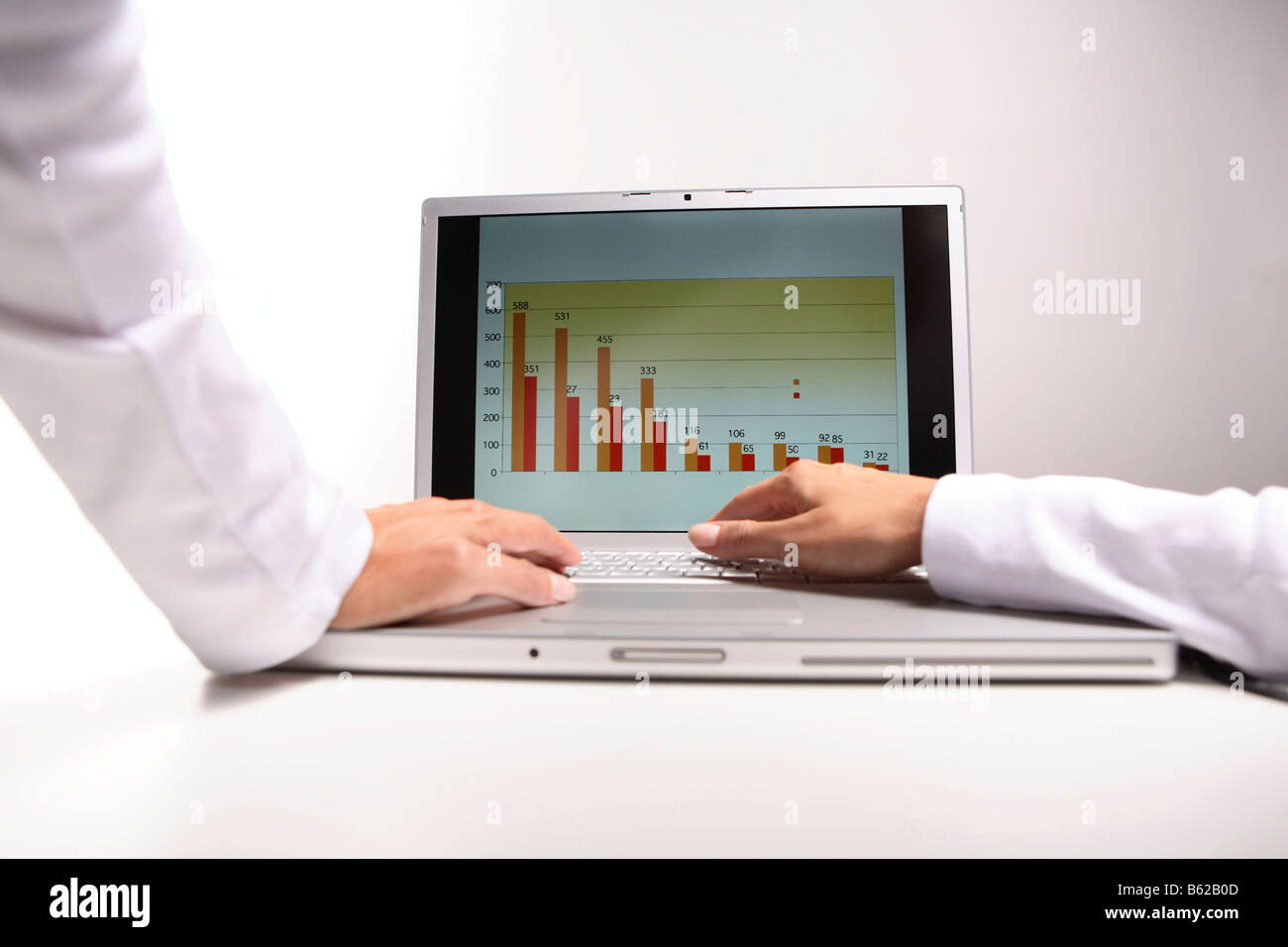 2 hands resting on a laptop with statistics on the screen Stock Photo