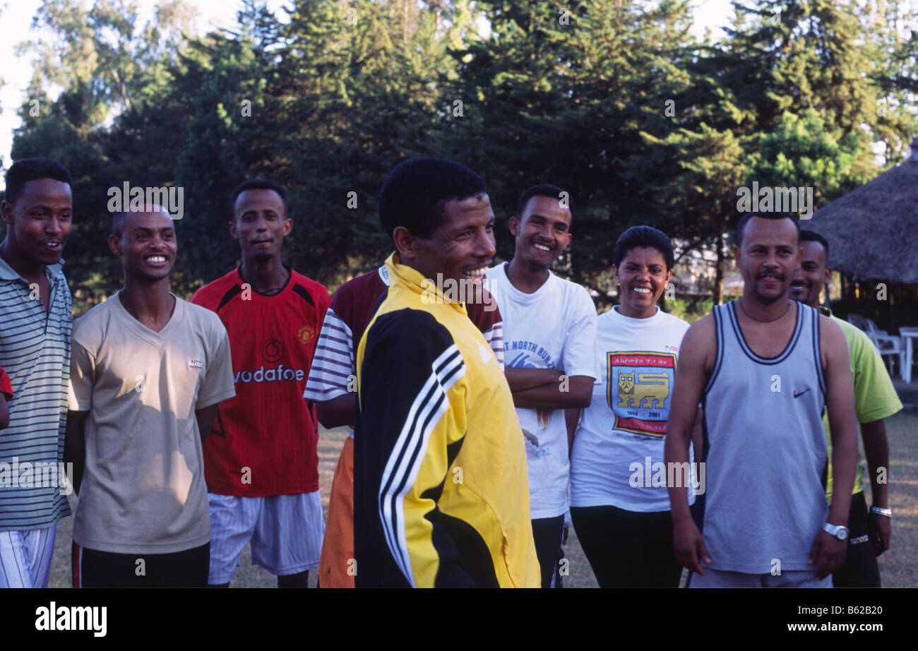 Haile Gabre Selassie the long distance runner and national hero of Ethiopia with his running group in Addis Ababa Stock Photo