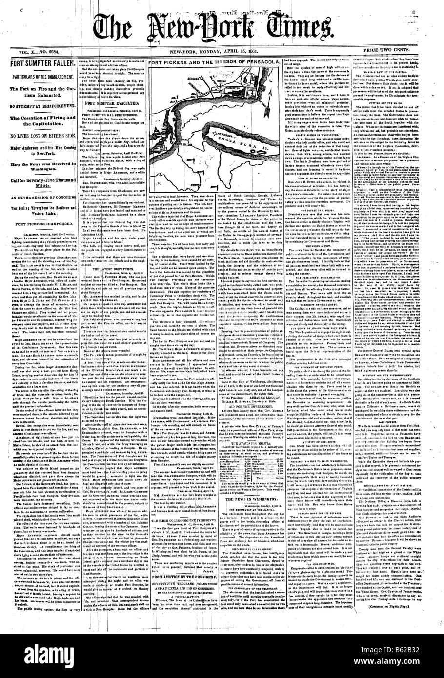 Front page news of the fall of Fort Sumpter in 1863 during the US Civil War Stock Photo